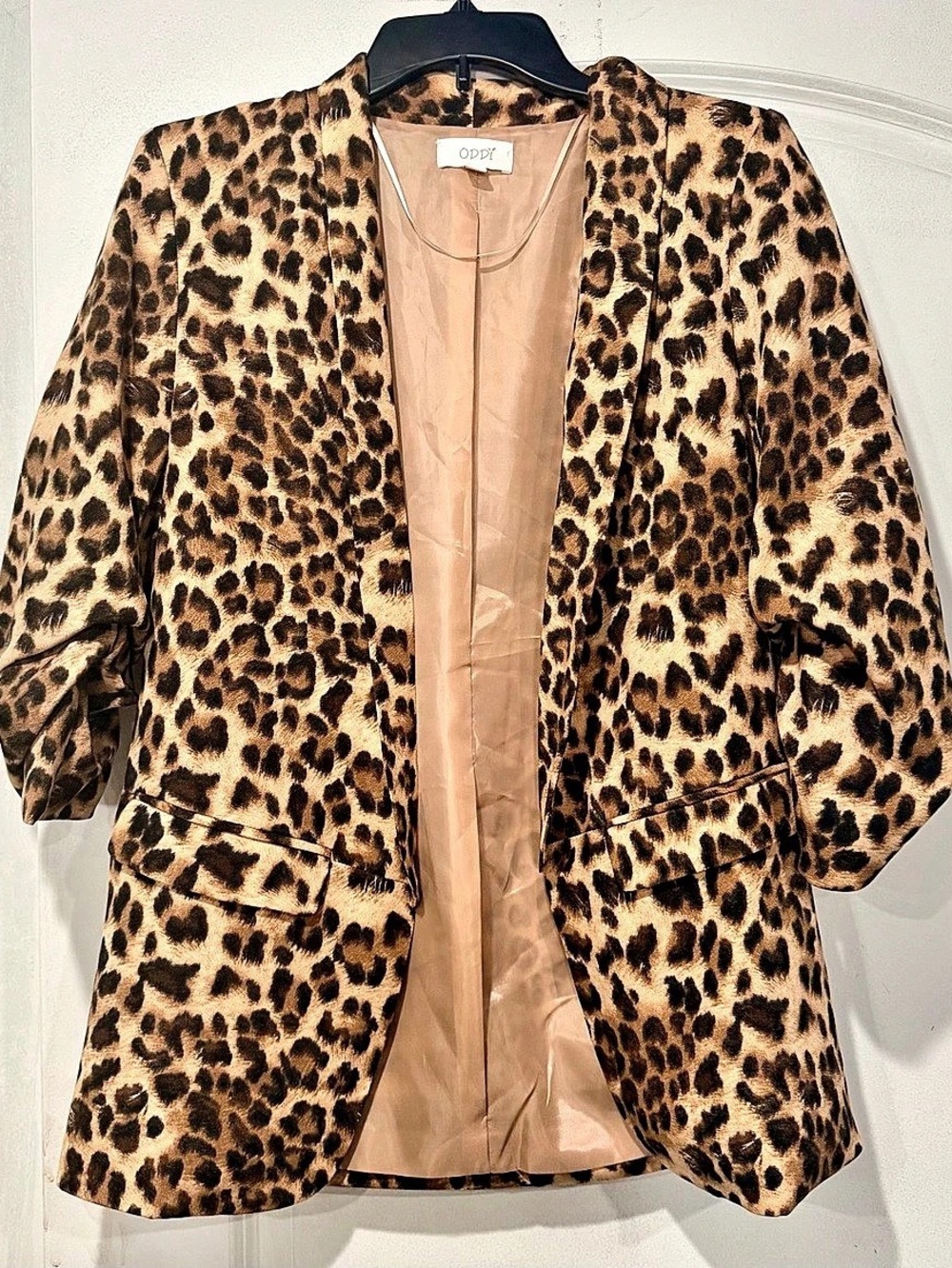 Oddi Leopard Print Blazer with Ruched Sleeves Brown & Black